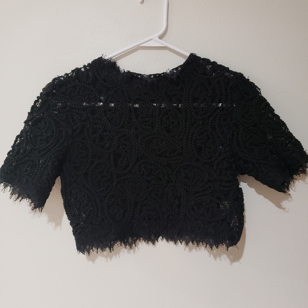 Black Lace Short Sleeved Lace Crop Top S
